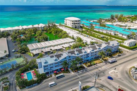 This aerial image showcases a coastal resort area