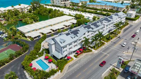 This is an aerial photograph of a coastal community