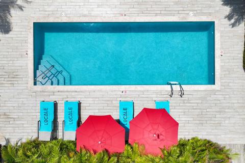 This image shows an aerial view of a swimming pool