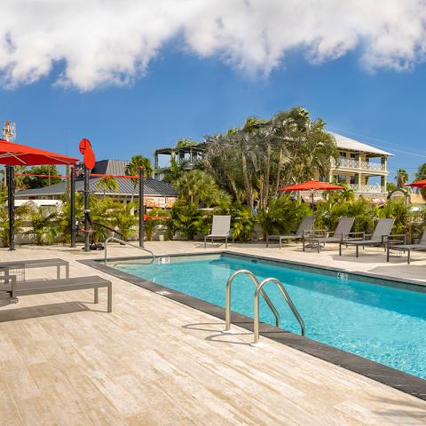 This image shows a sunny, vibrant outdoor pool area