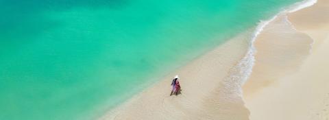 This image captures a beautiful aerial view of a beach showing clear turquoise waters gently lapping against a sandy shoreline