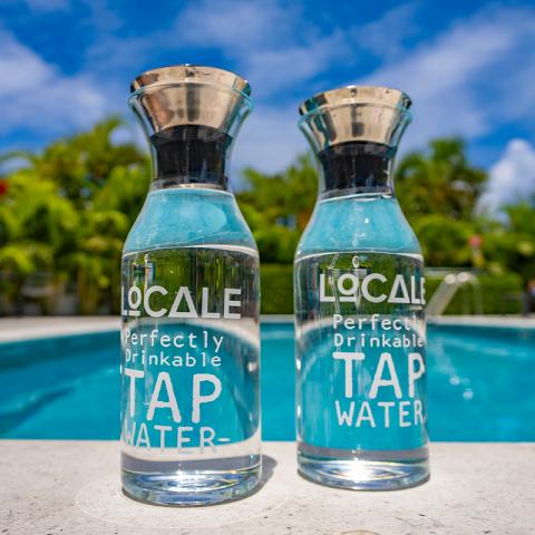 This image features two clear glass bottles filled with water