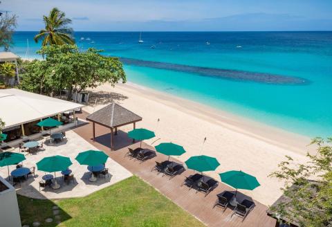 This image features a serene beachside setting