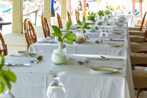 This image shows a long dining table set up for a meal, presumably in an outdoor or semi-outdoor setting