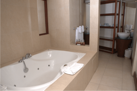This image shows a modern and spacious bathroom