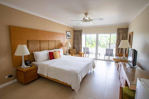 The image shows a spacious and well-lit hotel or resort room