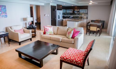 This image features a stylishly furnished apartment interior