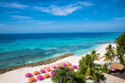 This image presents a beautiful tropical beach scene