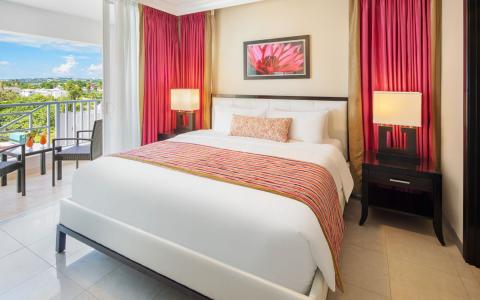 The image shows a stylishly decorated hotel room