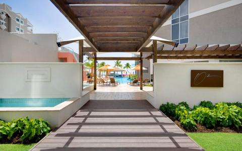 This image features a stylish resort setting