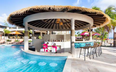 This image features a luxurious swim-up bar at a tropical resort