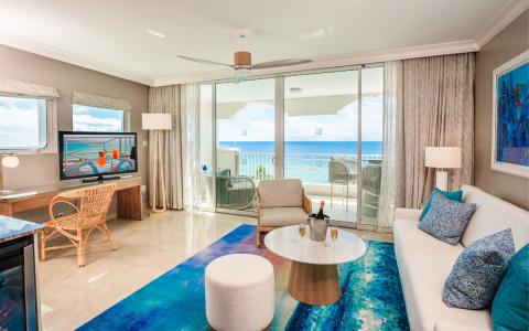 This image features a stylish, modern living room with a stunning ocean view