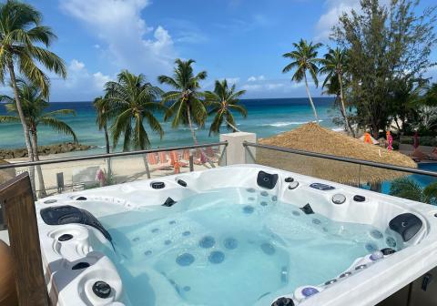 The image features a beautiful tropical setting