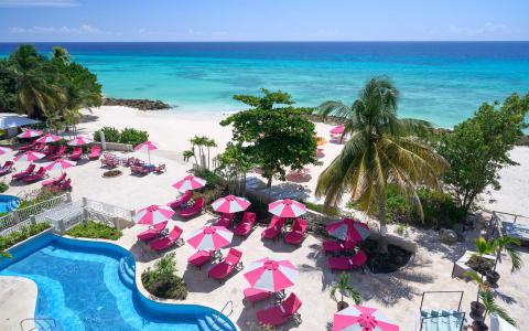 This is an aerial or high angle view of a luxurious beachside setting