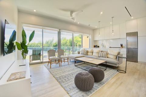 This image shows a bright and modern living room that seamlessly transitions into a kitchen area