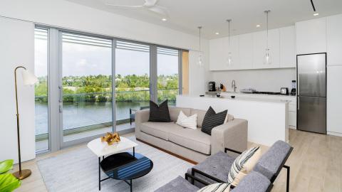 Serene Modern Open-Plan Living and Kitchen Area with River View