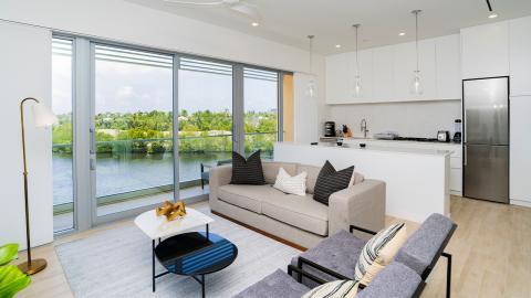 In this image, you can see a modern apartment living room that flows into a kitchen area