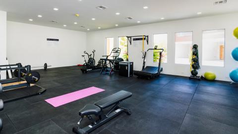 Spacious gym room with various fitness equipment