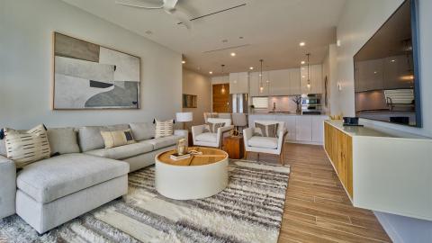 The image shows a modern, open plan living area that seamlessly integrates the living room and kitchen