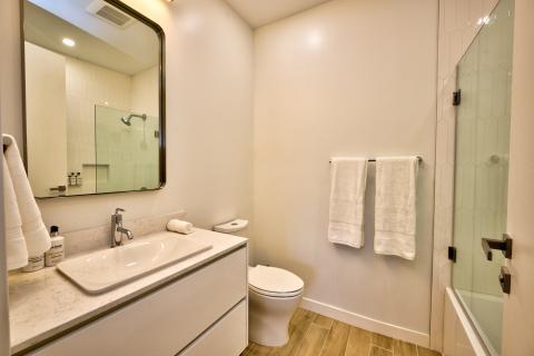 Modern bathroom with vanity, sink, and shower