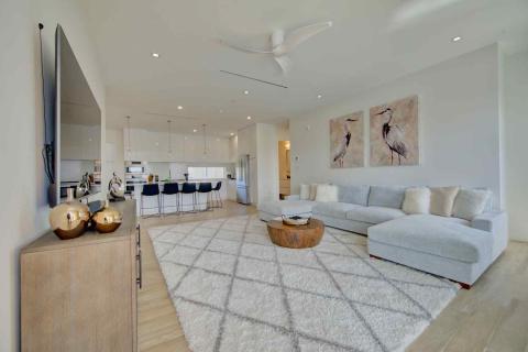 The image shows a modern, tastefully decorated living room with an open kitchen layout