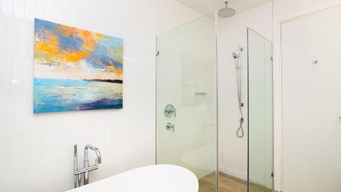 Contemporary Modern Bathroom with Abstract Art and Glass Shower