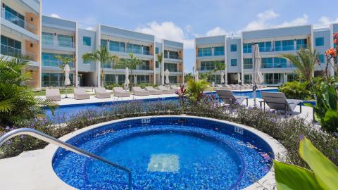 Modern Luxurious Outdoor Pool Area with Jacuzzi and Tropical Gardens