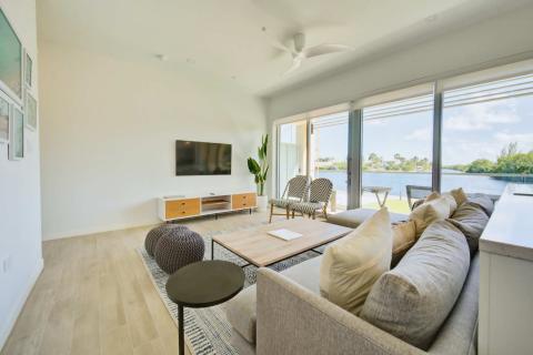 Modern living room with gray sofa