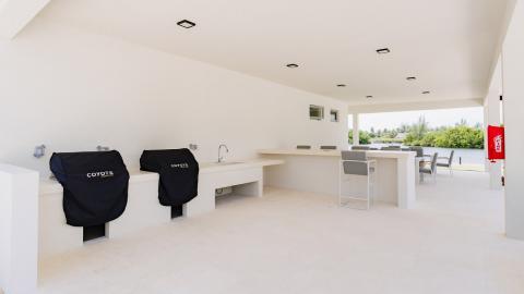 Modern Outdoor Kitchen with Scenic Lake View and Safety Features