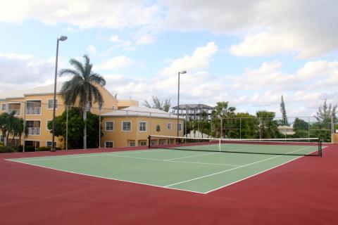 Tennis court with green surface.