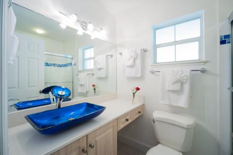 Tidy bathroom with blue sink