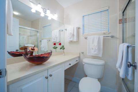 Modern tidy bathroom with red sink.