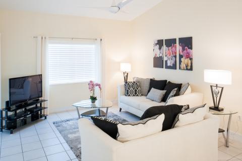 Organized living room with sofa 