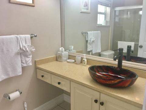 Neutral toned bathroom with vanity