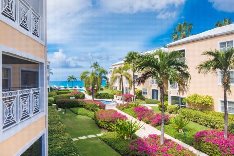 Tropical resort with lush gardens