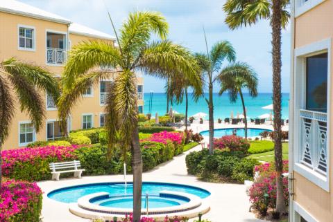 "Tropical resort garden with pool"