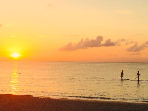 Serene beach scene at sunset