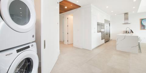 The image features a modern interior space of a home