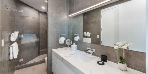 The image displays a modern and elegant bathroom