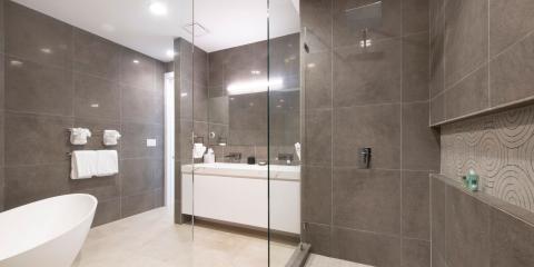 The image displays a modern bathroom