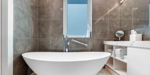 The image displays a modern bathroom interior