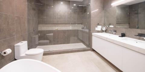 The image shows a modern and spacious bathroom interior