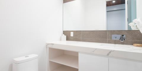 The image shows a modern bathroom vanity area