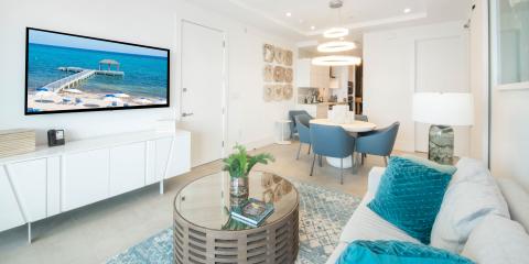 This image features a modern apartment with a bright and airy design