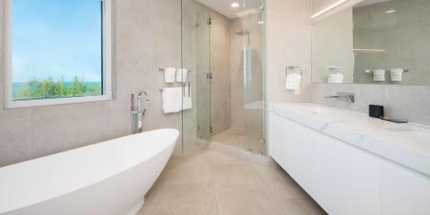 The image shows a modern, spacious bathroom