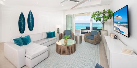 This image shows a beautifully decorated beachfront living room
