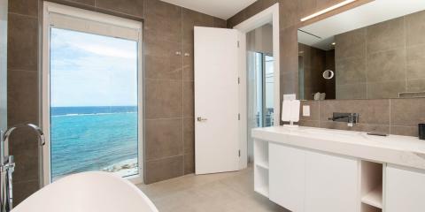 The image shows a modern bathroom with a luxurious design