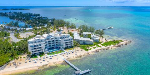 This image shows a beautiful coastal resort area with several attractive features
