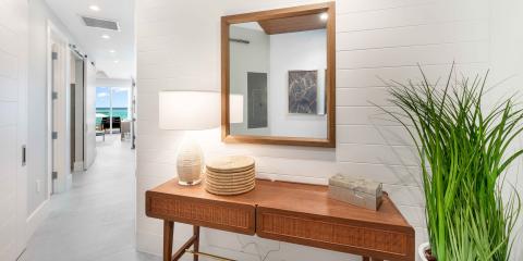 The image shows a modern hallway with a stylish decor