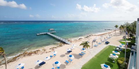 This image features a beautiful coastal scene, likely at a resort or beachside location